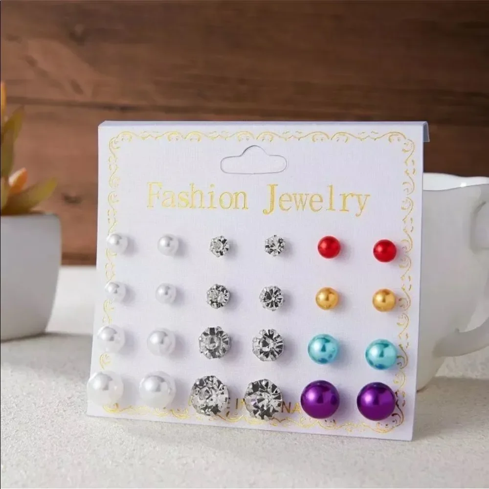 12 Pairs Of Zirconia Crystal Pearl Earrings Set - Picture 5 of 6